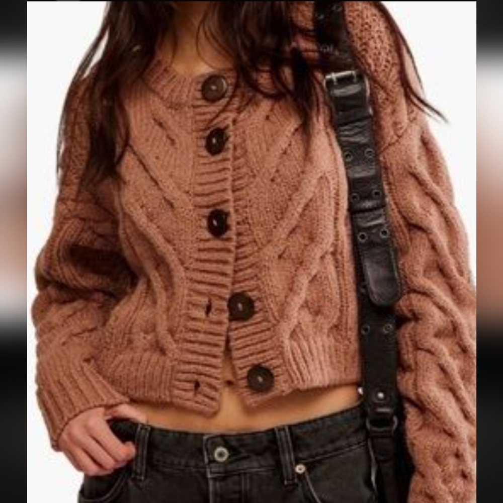 Free People Beaver Brown Cable Knit Cardigan